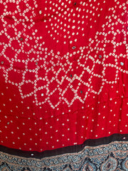 Modal silk ajrakh hand block with bandhani mirror hand worked zari dupatta with tazzels